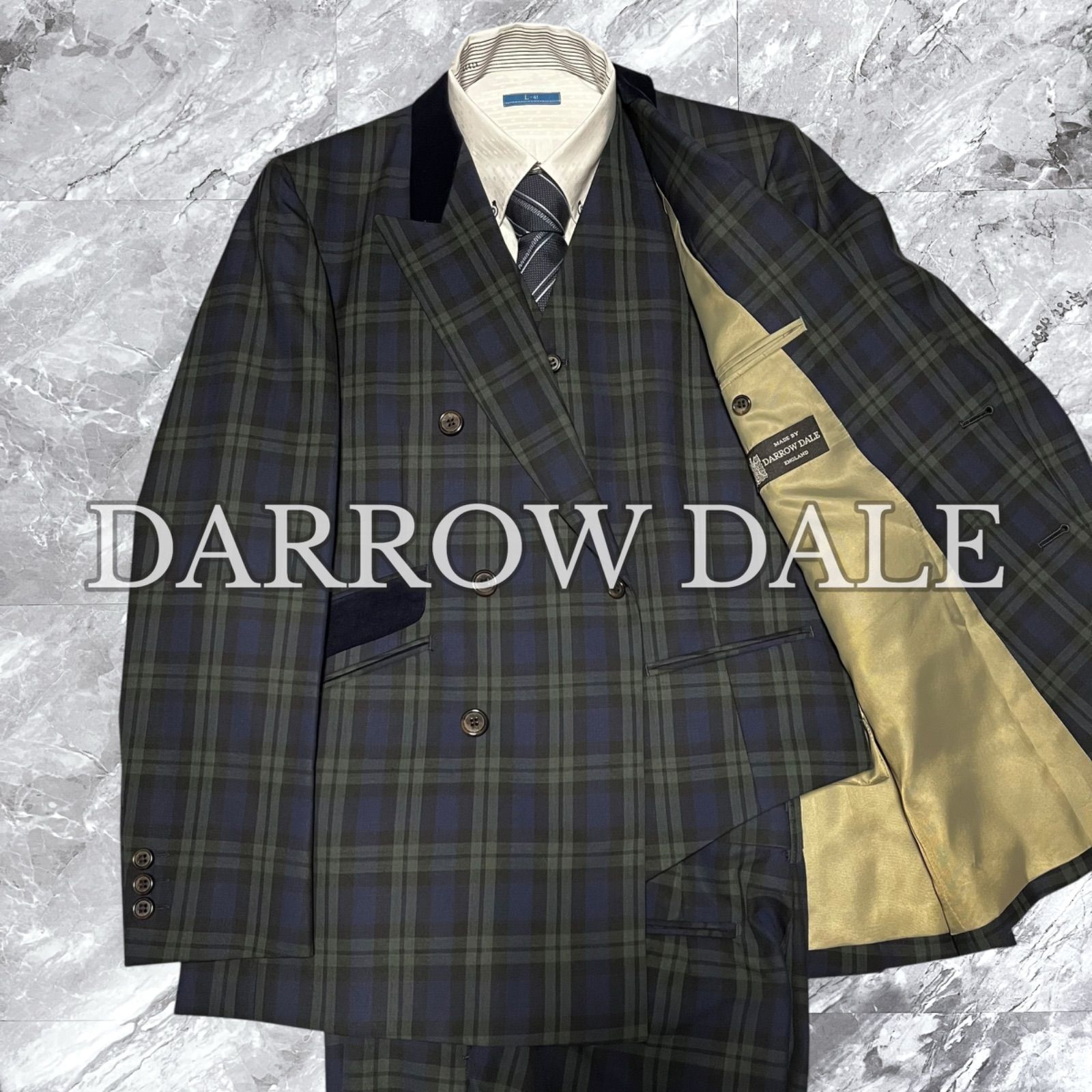 DARROW DALE ダロウデイル 3ピース セットアップ スーツ ブラックウォッチ チェック ダブルブレスト ベロア切り替え ベルベット 総裏 サイドベンツ 開き見せ ブラック 黒色 ネイビー 紺色 グリーン 緑色 サイズM相当 記載なし