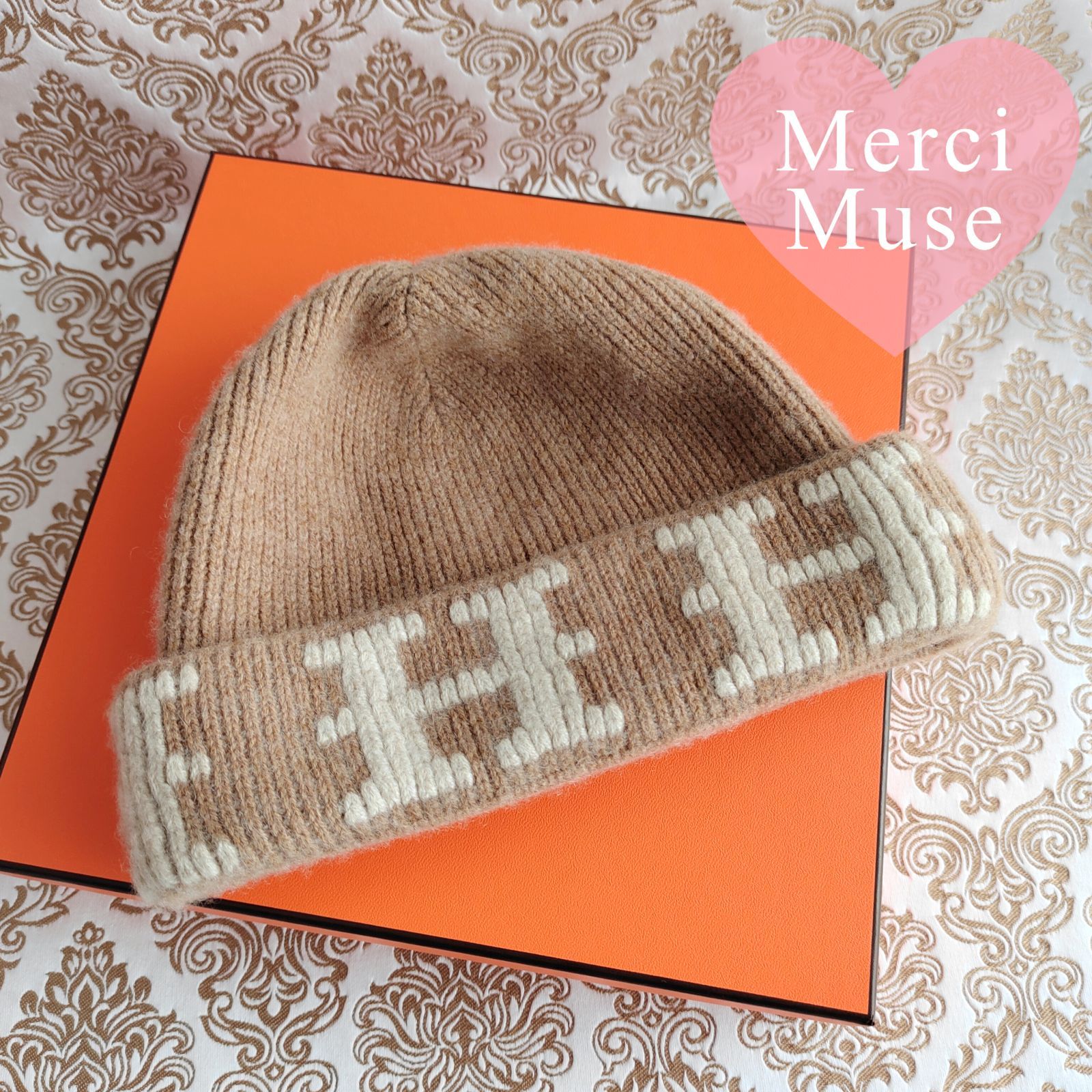 ❤お得なお品❤クリーニング済み Ｈマークニット帽 ベージュ エルメス レディース ❤お得なお品❤クリーニング済み H柄ニット帽 ベージュ LA エルメス
