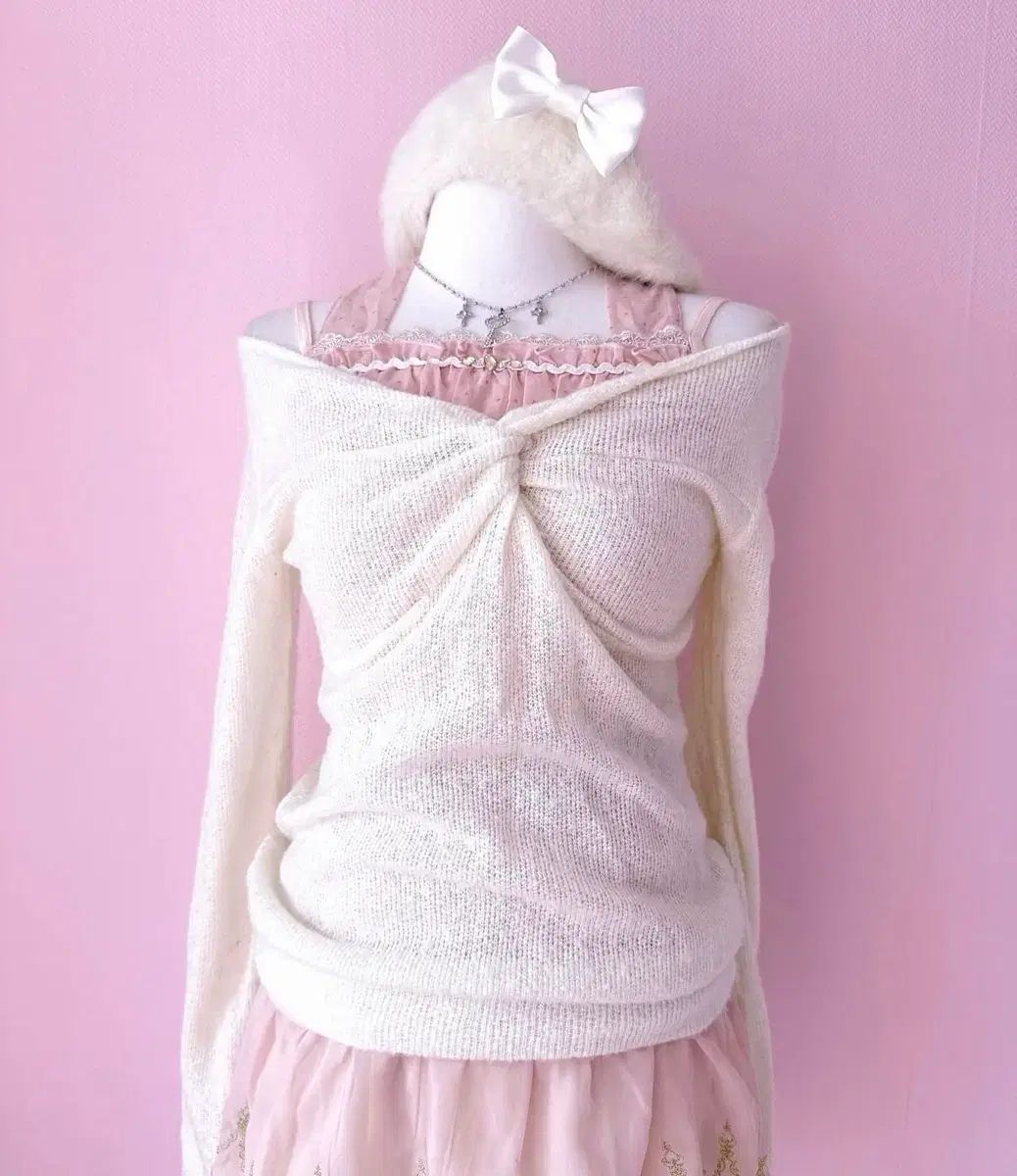 アクシーズファム ピンク リボン ノースリーブ ニット オフショルダー コーデ ラテ ヒメギャル ラブリー