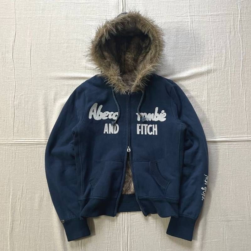 00 s archive Abercrombie Fitch アバクロ Wジップアップ 裏地ファー 短丈パーカー 肉厚スウェット生地 デカロゴ刺繍 シルバープレート サイドリブ XL Y 2 K 平成ギャル グランジ double zip up fur parka