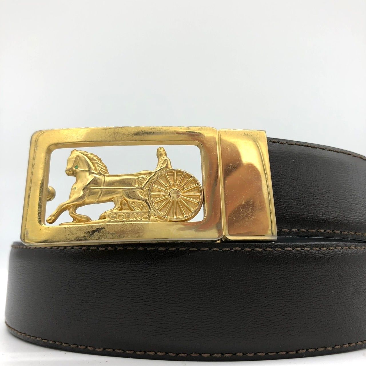 セリーヌ ベルト 馬車金具 馬車 ゴールド ブラック 黒 レザー 本革
