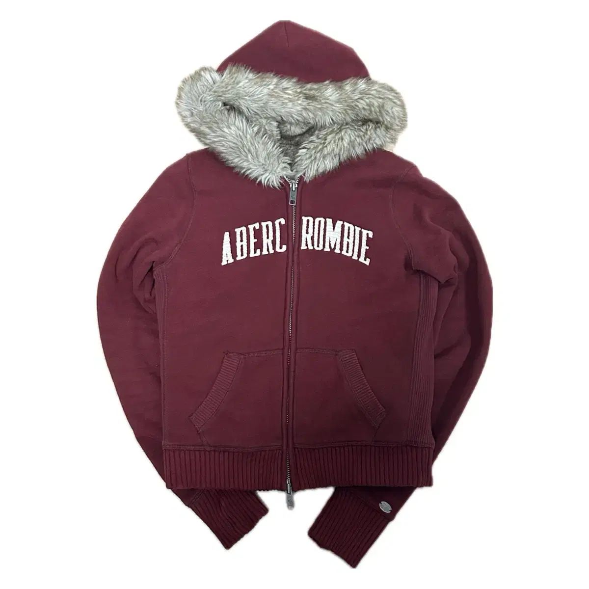 状態良し Abercrombie アバクロンビー タイトフィット ウルフファー フードジップアップ バーガンディ ワイン