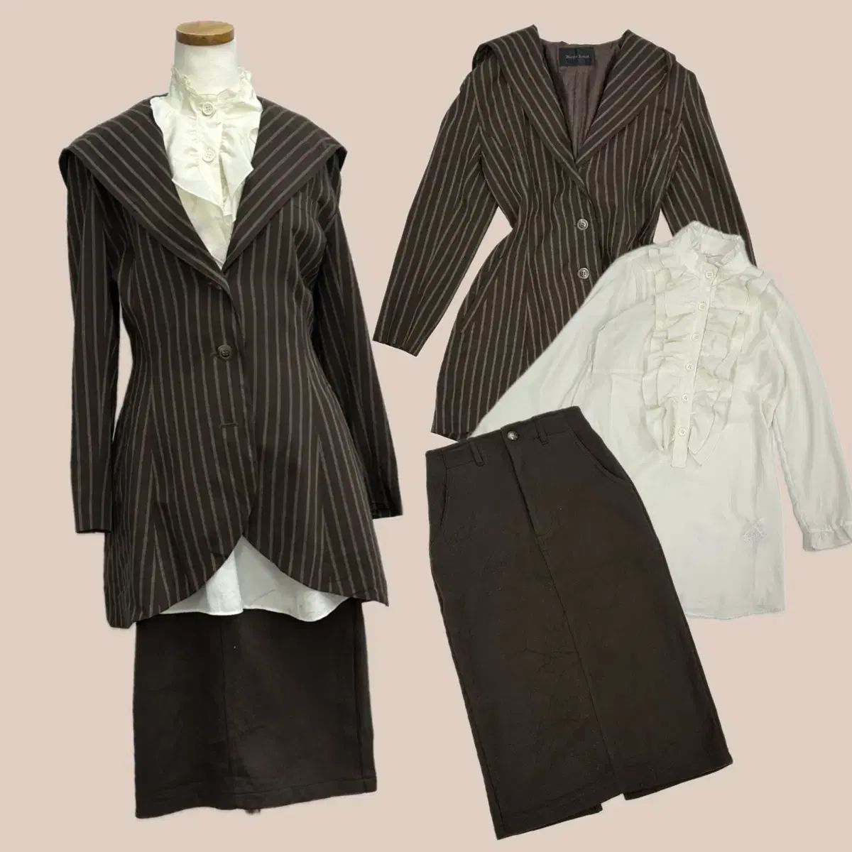 日本ヴィンテージ シュシュ 룬 ラテショコラカラー ユニーク ブラウン バ先生フィット フリル コーディネートセット