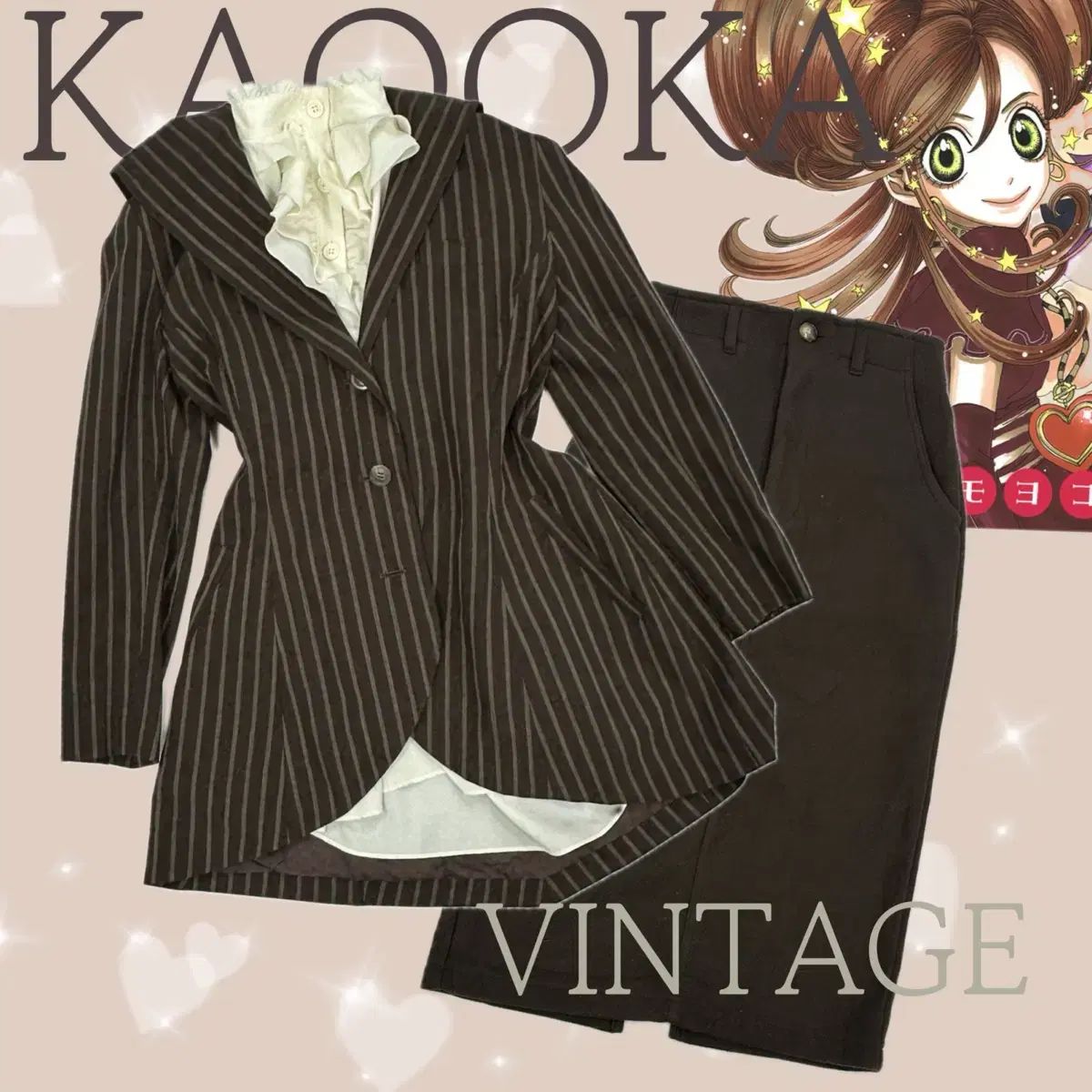 日本ヴィンテージ シュシュ 룬 ラテショコラカラー ユニーク ブラウン バ先生フィット フリル コーディネートセット