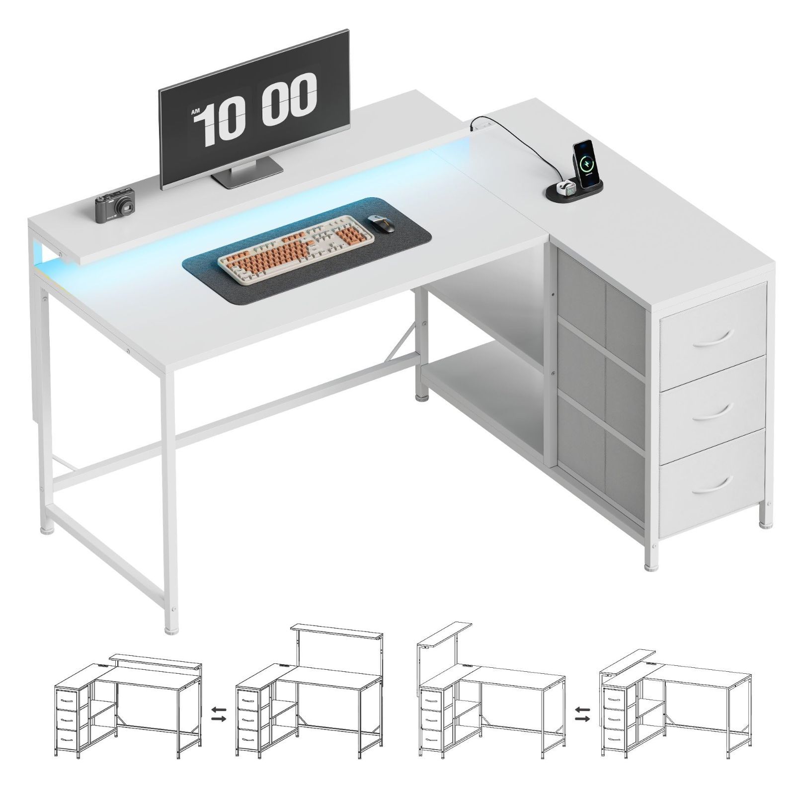 本棚付き 引き出しとコンセント付き コーナーデスク 左右入れ替え対応 モニタ台の高さ調節 オフィスデスク pcデスク 勉強机 机 学習机 パソコンデスク ホームオフィス用 幅100 5 cm 白い l字デスク