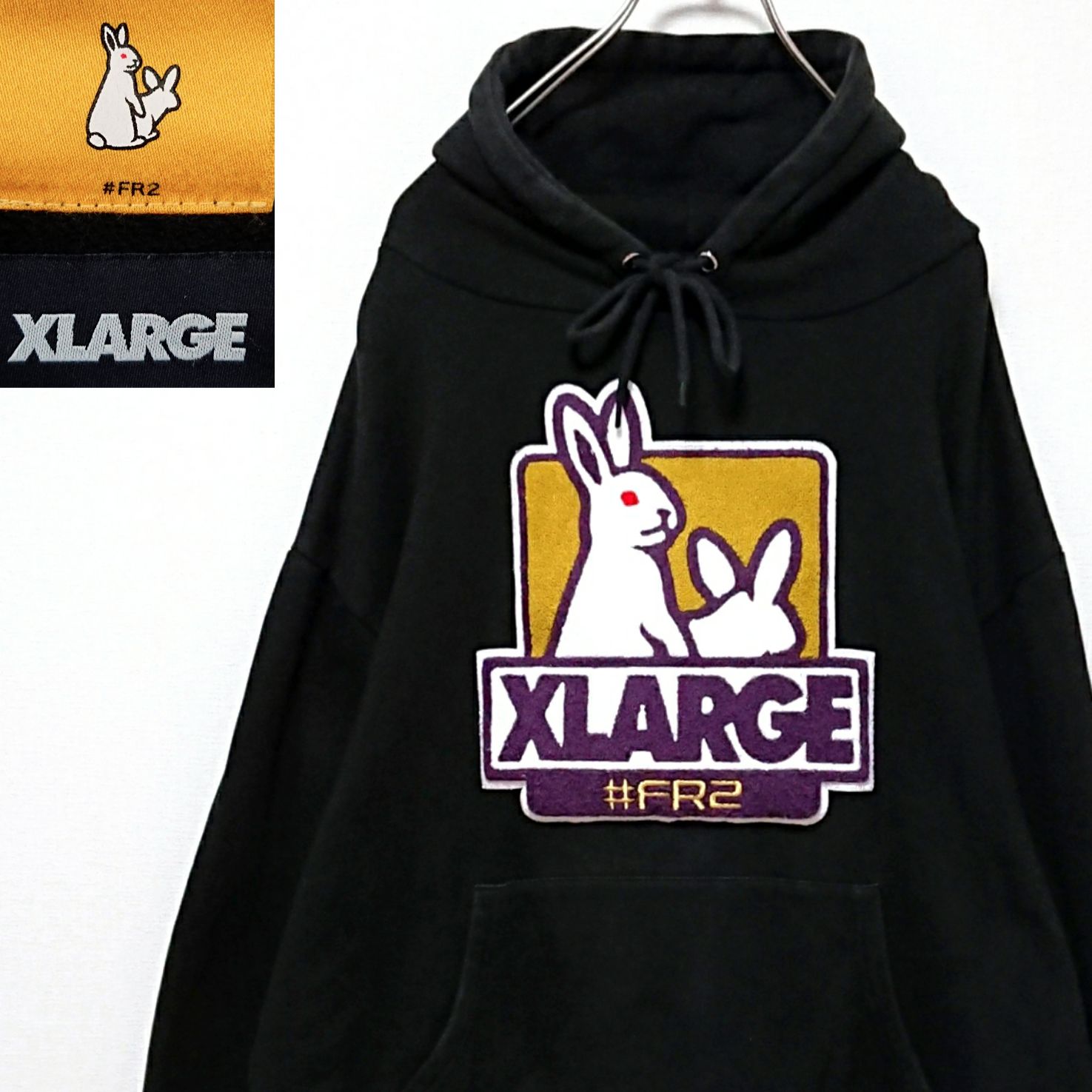 【希少XL】FR2 エフアールツー エンジェル プリントロゴ パーカー ブラック 希少 エフアールツー エクストララージ パイル 刺繍 ロゴ ブラック