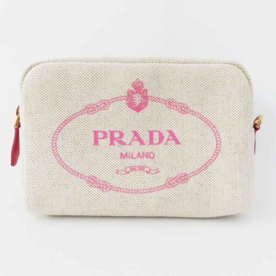 ベージュ⁄コニャックブラウン キャンバス レザー ポーチ | PRADA PRADA 