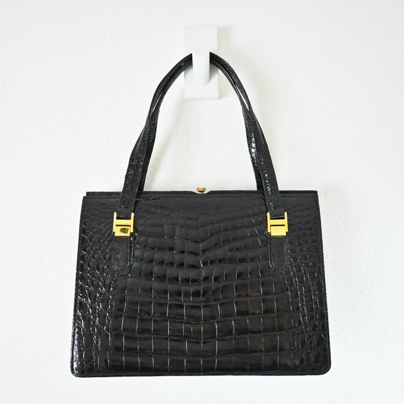 comtesse コンテス クロコダイル がま口 ハンドバッグ ブラック  