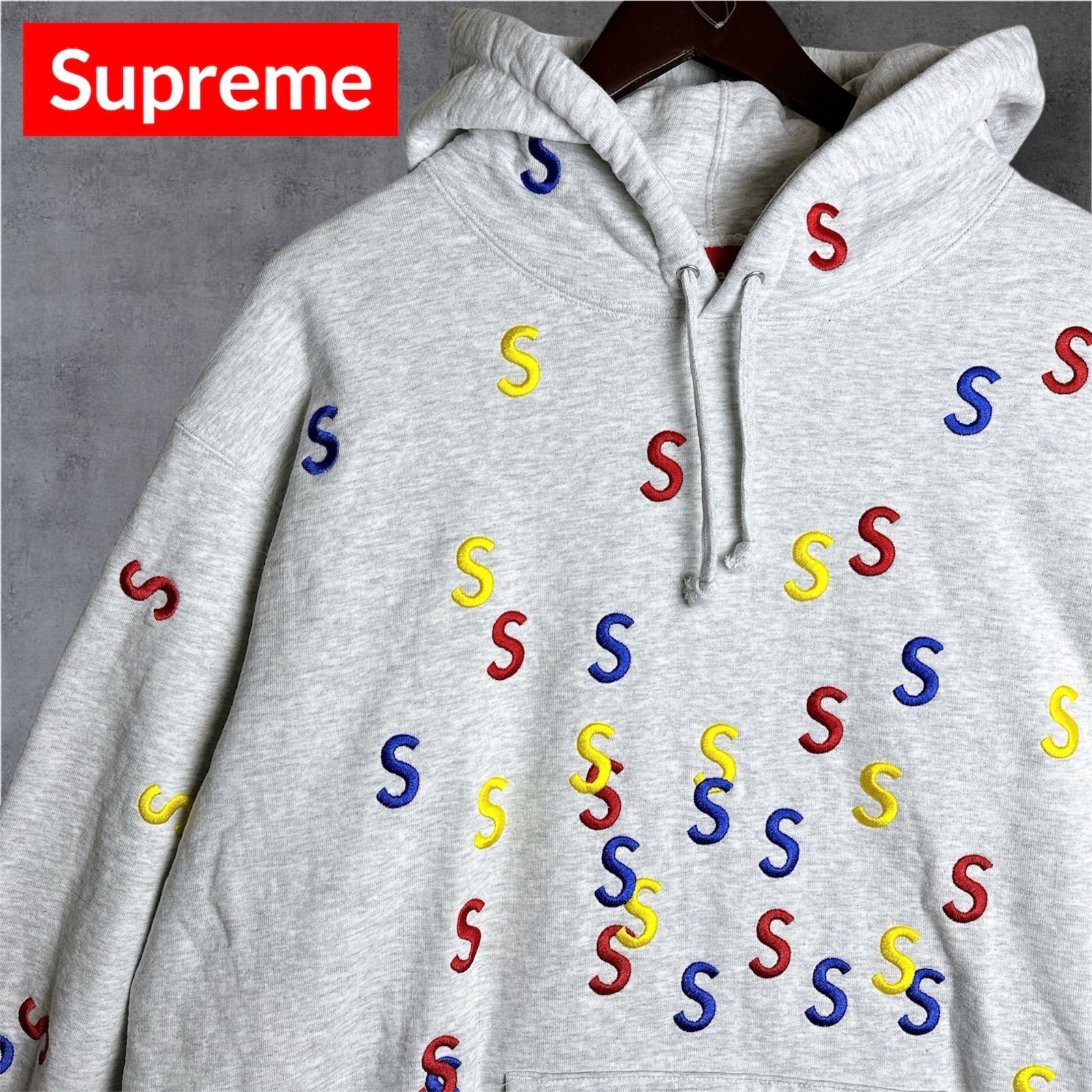 3877U【人気デザイン】シュプリーム☆刺繍Sロゴ 色切り替え パーカー グレー Supreme Multi S Logo Hooded Sweatshirt ヘザーグレー L 裏起毛