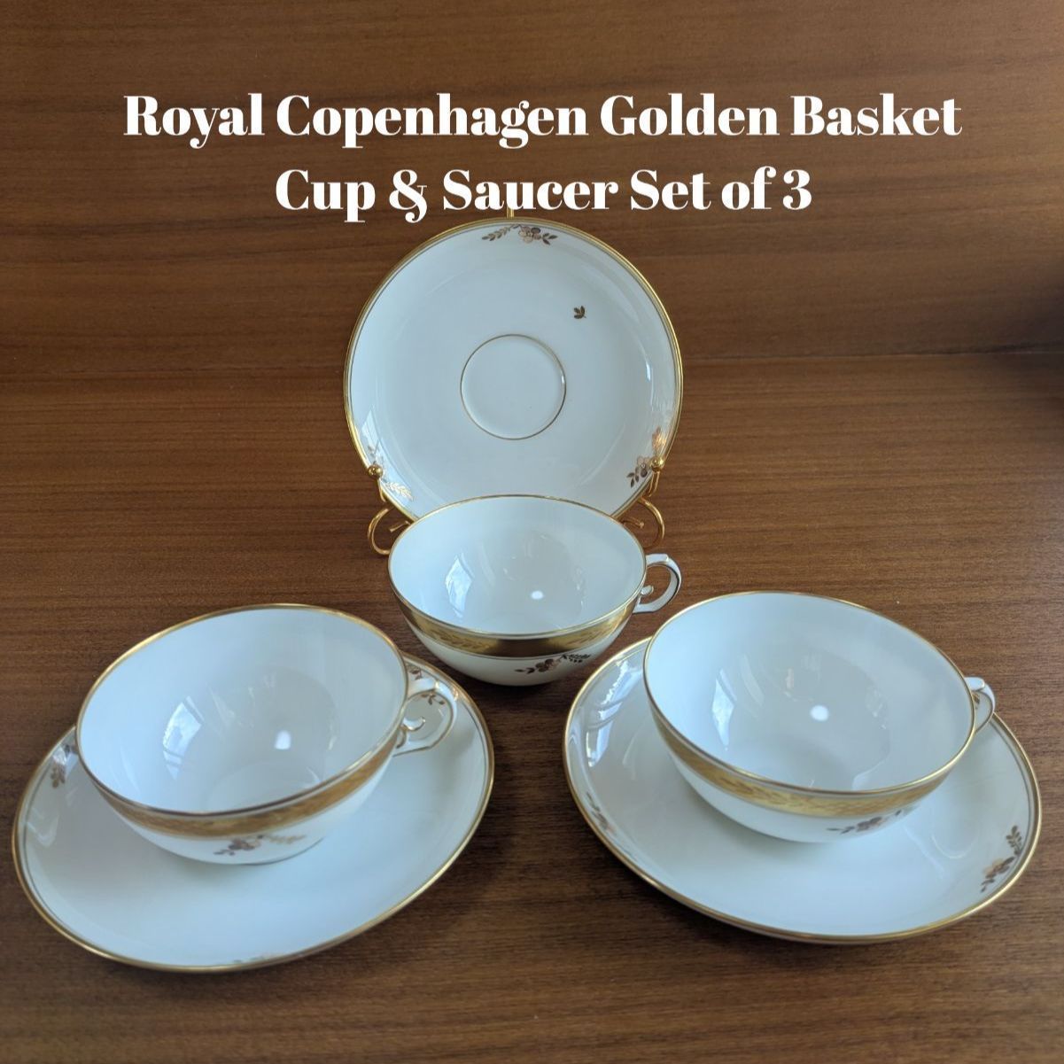 ロイヤルコペンハーゲン ゴールデンバスケット ブラウンローズ 金彩 カップ ソーサー 3客セット 1級品 C S