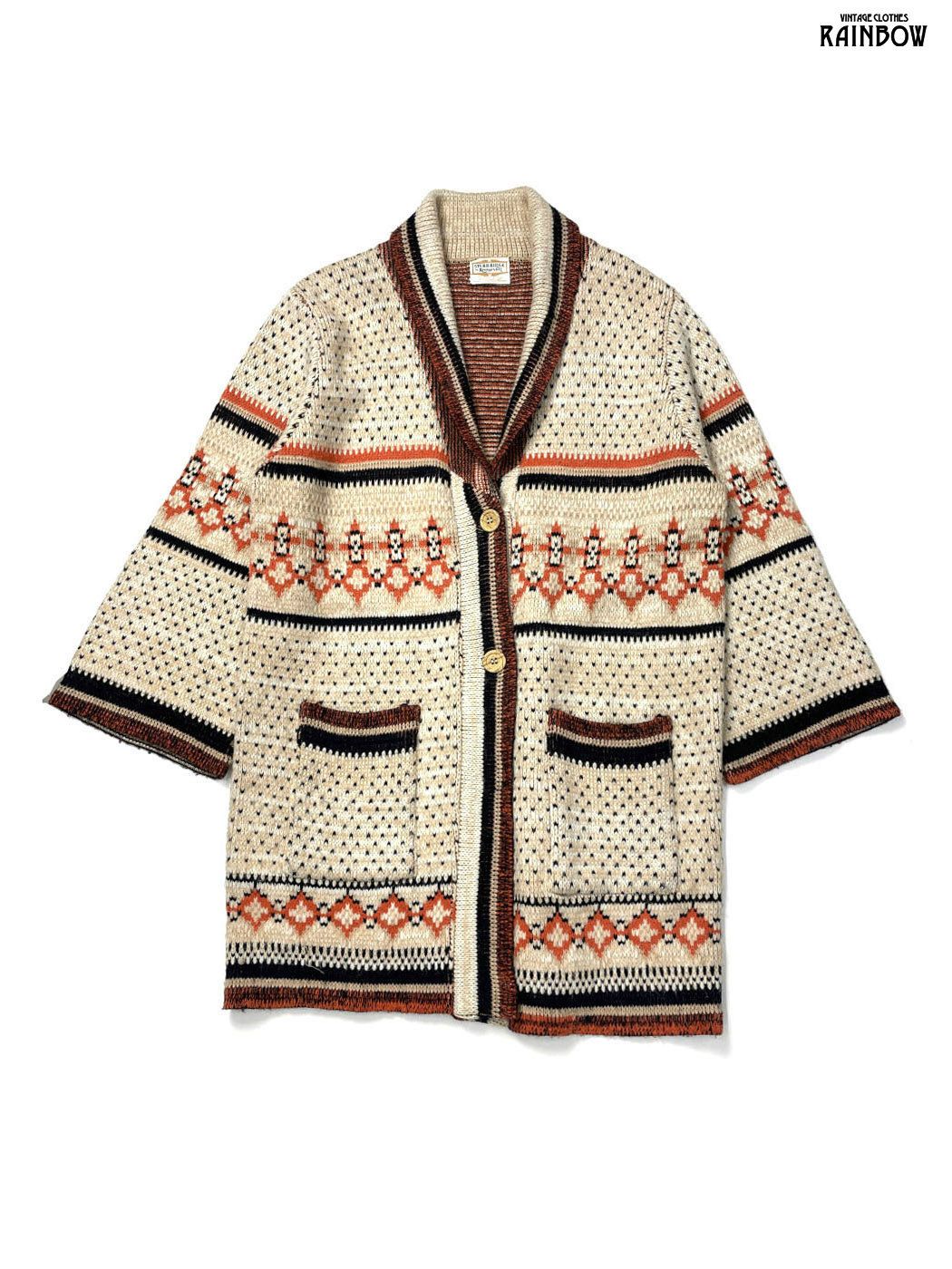 古着 by Roosevelt 総柄 エスニック柄 長袖 ニット アウター オレンジ ベージュ ttu 2512061