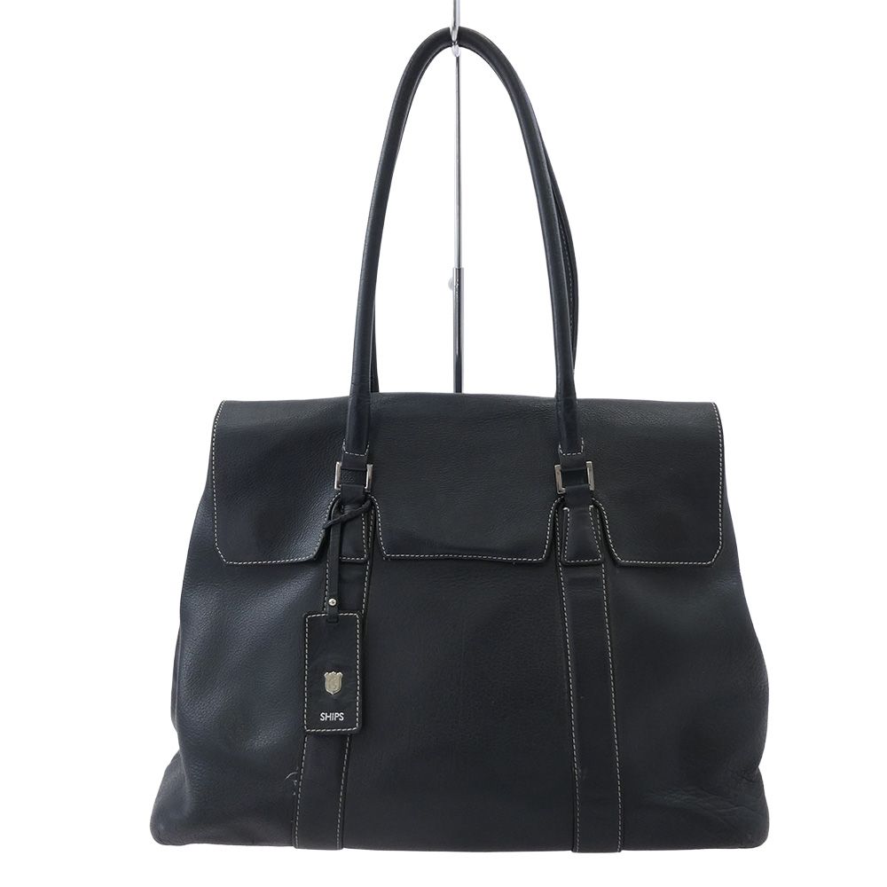 SHIPS シップス レザー フラップ トートバッグ ブラック系