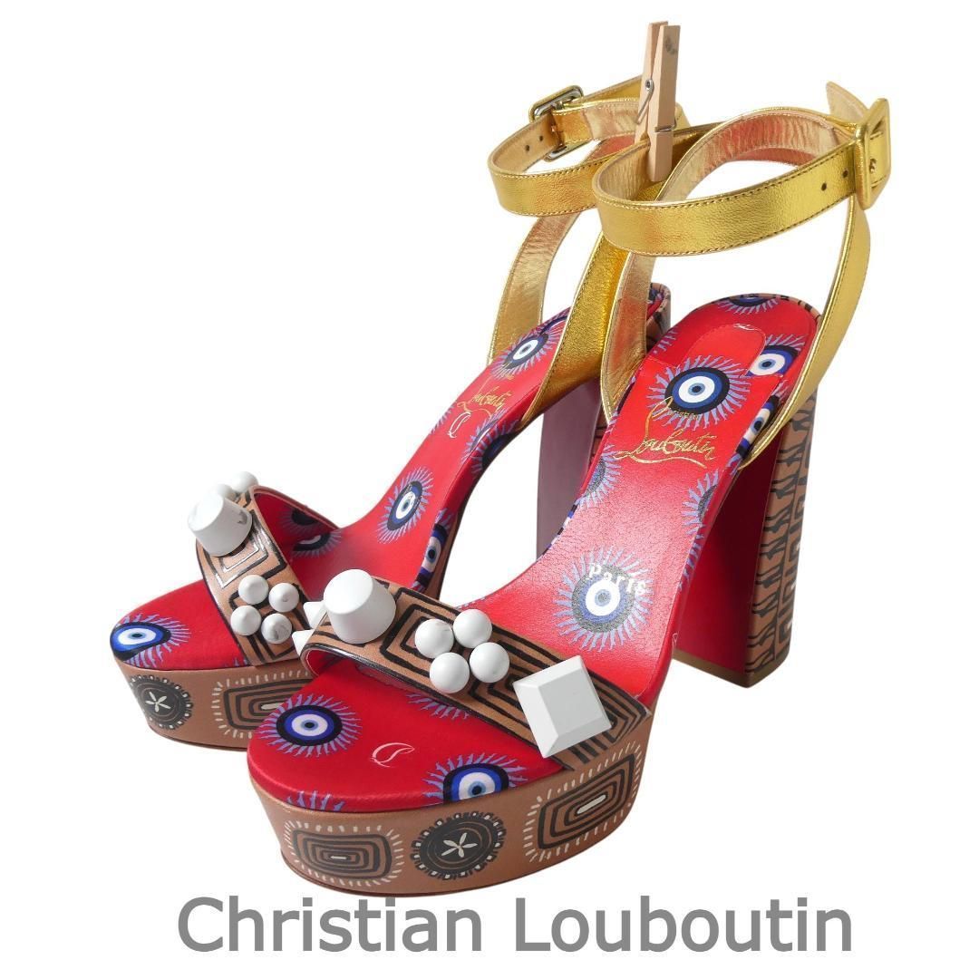 Christian Louboutin クリスチャンルブタン サイズ37 約24㎝ Movida Athina プリント 総柄 スタッズ プラット フォーム サンダル アンクルストラップ オープントゥ チャンキーヒール 茶 マルチカラー レディース