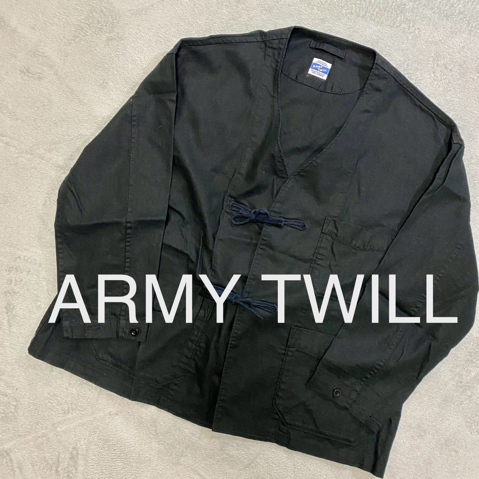 ARMY TWILL コットン リネン ブラック カーディガン ノーカラーシャツ サイズM アーミーツイル