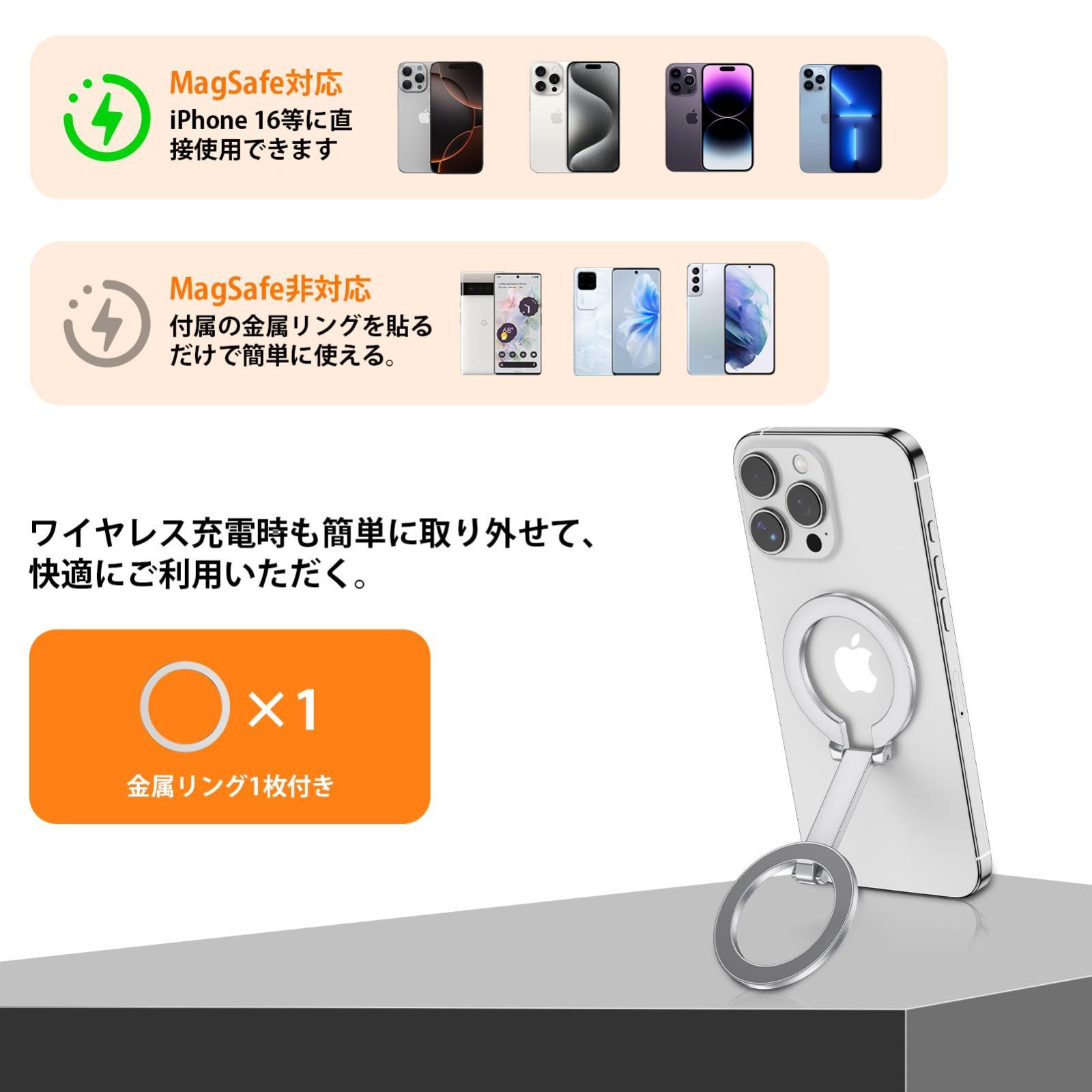 売切注意 両面マグネット スタンド MagSafe対応 スマホリング 携帯リング 薄型 360°回転 AbcPow マグセーフシール 付き 磁気増強 指輪型 スタンド機能 ホールドリング フィンガーリング スマホホルダー マルチスタンド 携帯スタン