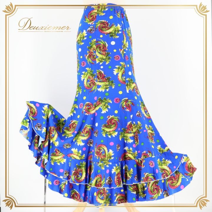 フラメンコ 衣装 ファルダ スカート 青 柄 模様 緑 タイト 軽い 薄い レッスン 練習 お洒落 フリル ブルー系 グリーン系 おしゃれ 女性用 Mサイズ ダンス 練習着 ファッション レディース