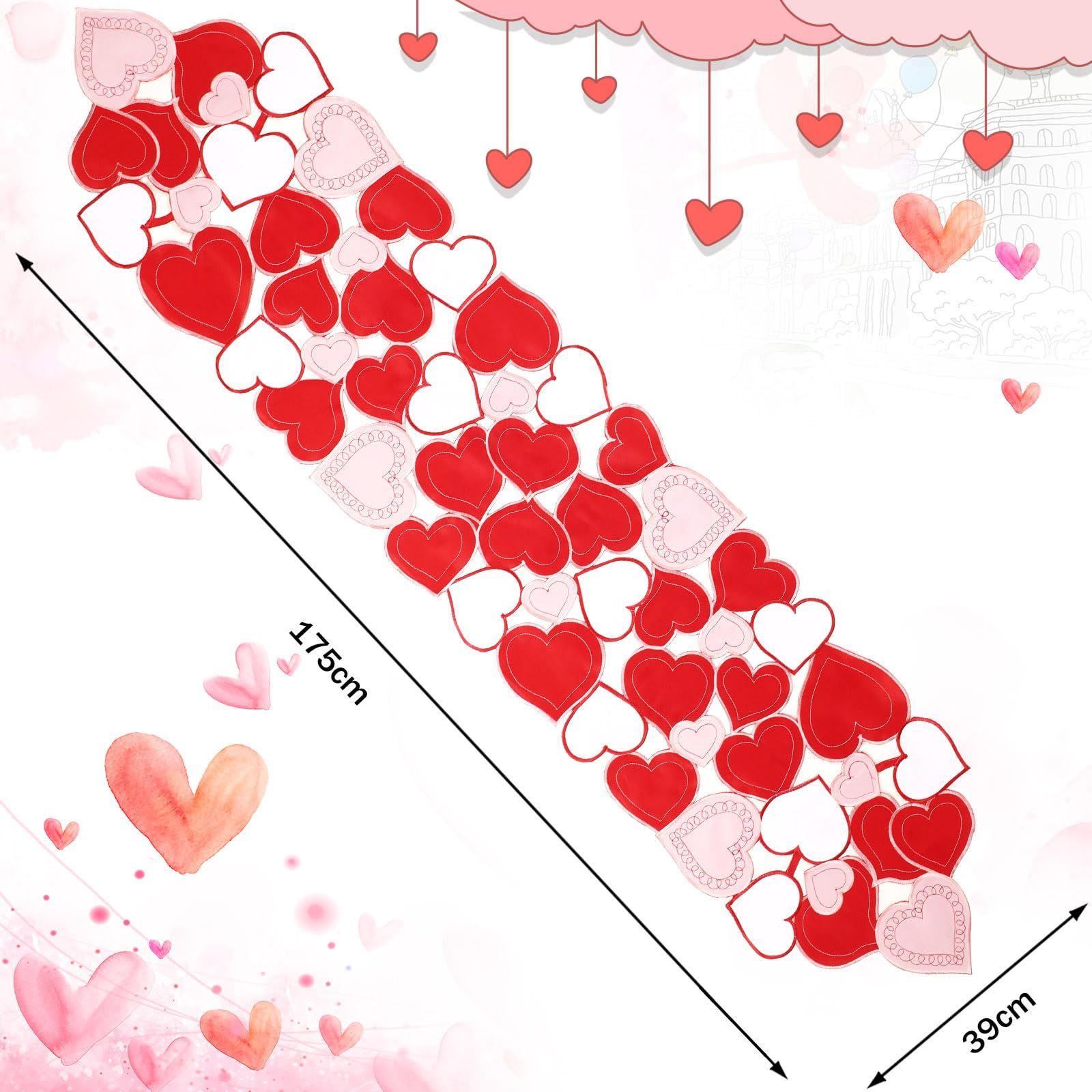 Grelucgo刺繍入り装飾バレンタインデーテーブルランナーハート付き、ピンクとレッド(14x35インチ) バレンタイン, image size:1600x1600