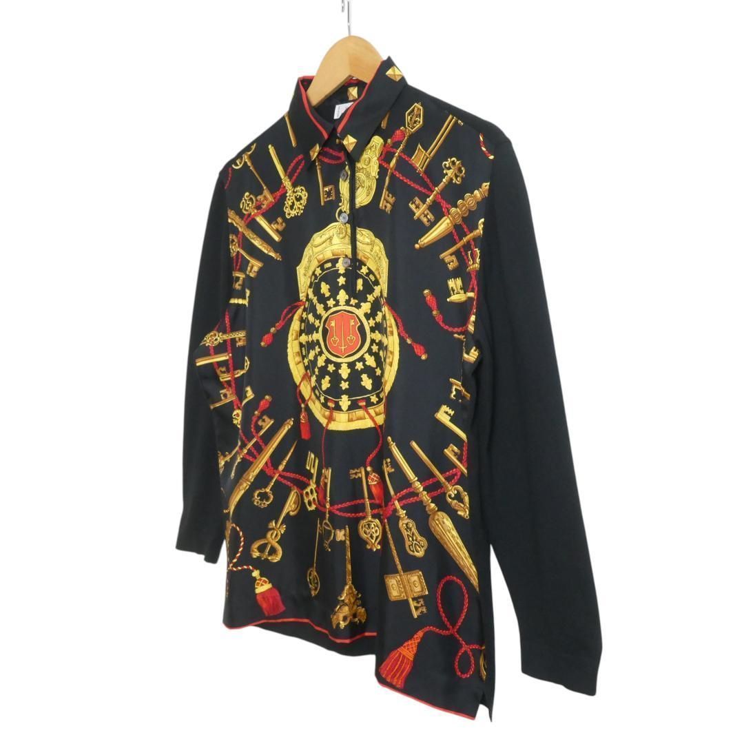 良品 エルメス 切替ポロシャツ 総柄 シルクカシミヤ 半袖 M レディース 美品 HERMES エルメス サイズL シルク切り替え カシミヤ混 総柄 ハーフ