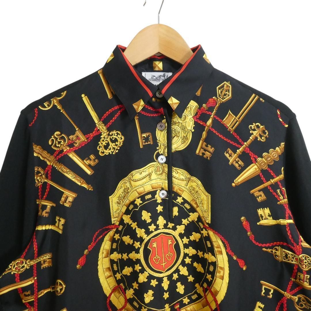 良品 エルメス 切替ポロシャツ 総柄 シルクカシミヤ 半袖 M レディース HERMES】エルメス『シルク切替 ニット長袖ポロシャツ chapeau 脱帽