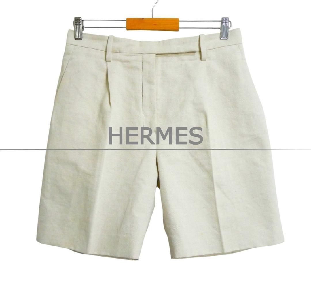 HERMES エルメス サイズ40 コットン リネン タック センタープレス ショートパンツ ハーフパンツ ベージュ系 レディース