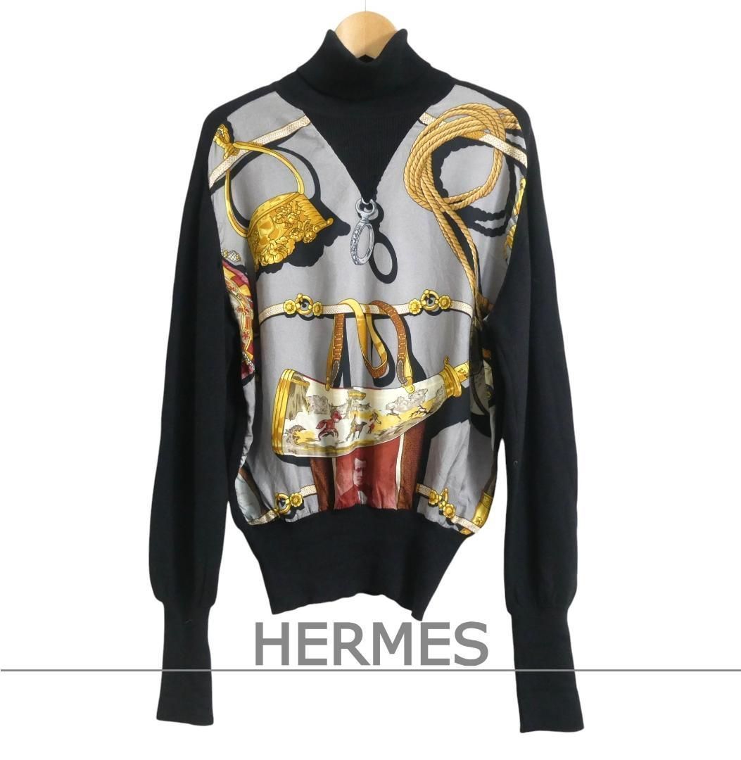 ●希少●　エルメス　タートルネック　スカーフ柄　ニット　セーター　シルク　切替え HERMES エルメス サイズ40 オールド スカーフ柄 ウール×シルク