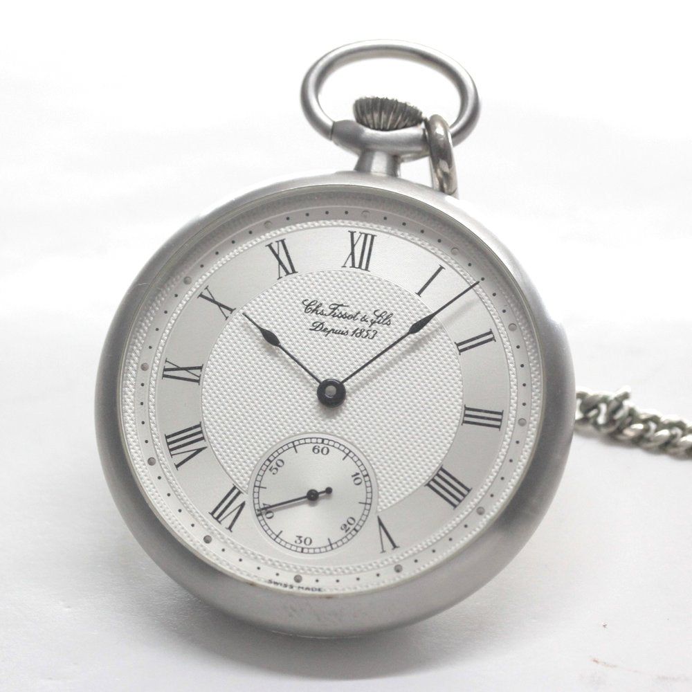 絶版モデルのティソ（TISSOT）/ ヴィンテージウォッチ / シルバーカラー オープンフェイス / ローマン数字/ 手巻き式 / 懐中時計 / tissot-1040