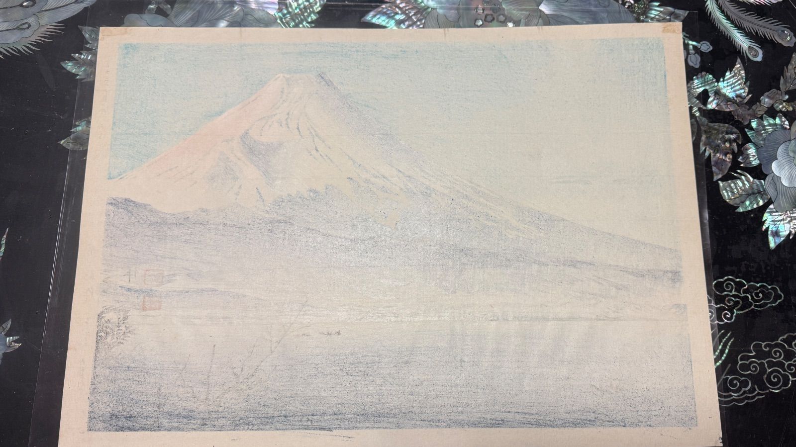 真作 彩色木版画 徳力富吉郎 富士三十六景ノ内 西伊豆海岸暁暗の冨士