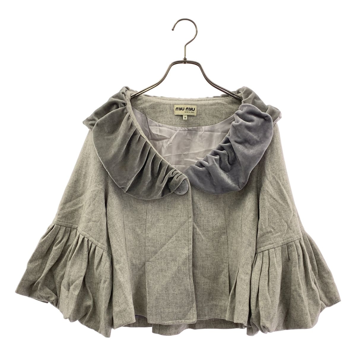 miu ミュウミュウ ウール ベロア切替 フリルカラー ギャザースリーブ ジャケット M グレー レディース