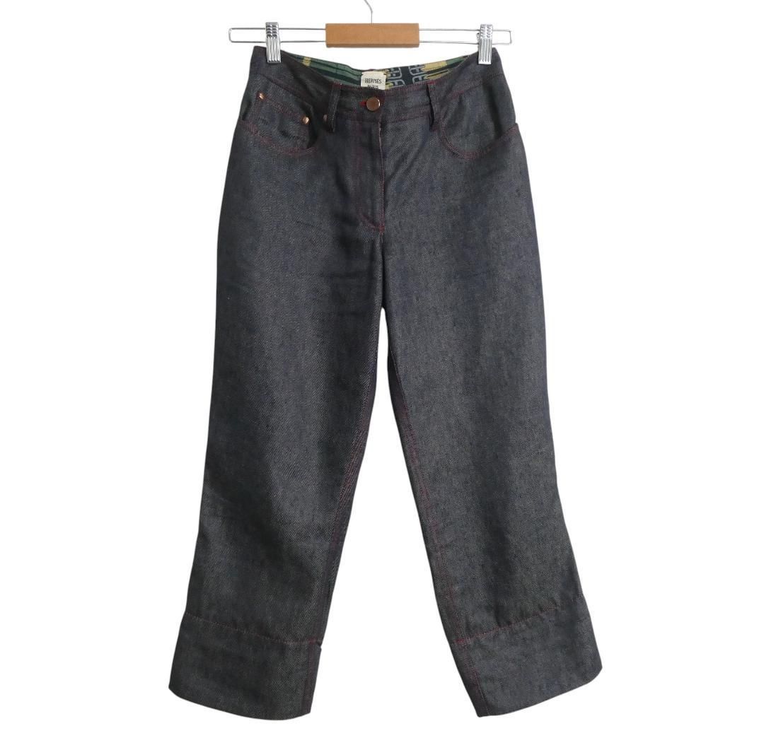 エルメス　クロップドパンツ(ジーンズ素材) 美品 HERMES エルメス サイズ34 リネン100％ クロップド デニムパンツ