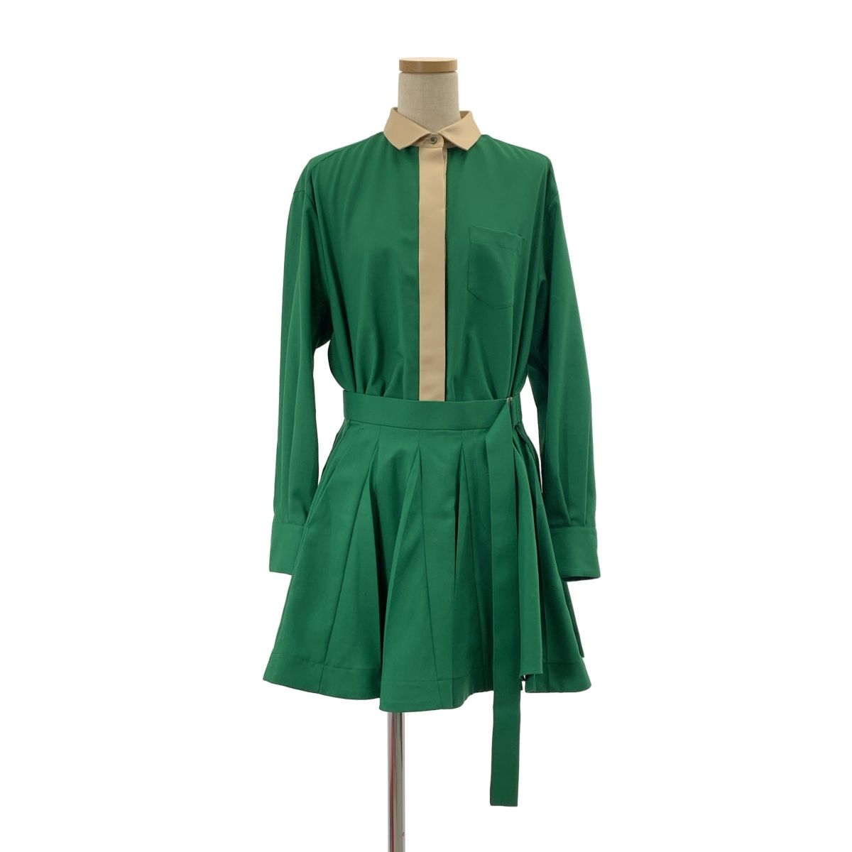 sacai サカイ 2025 SS プリーツスカート ドッキング シャツワンピース 1 グリーン レディース
