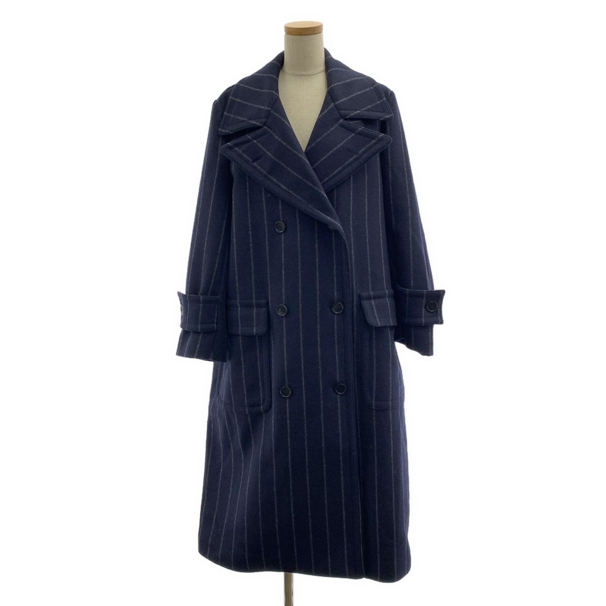 MSGM エムエスジーエム ウール ストライプ ダブル オーバー コート 総裏地 38 ネイビー レディース