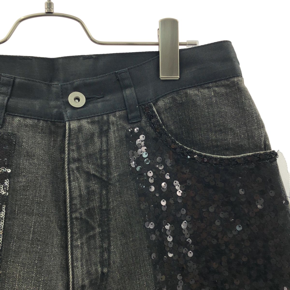 JUNYA COMME des GARCONS ジュンヤワタナベ 2014 AW denim スパンコール レザー クロコ型押し パッチワーク デニムパンツ XS ブラック レディース