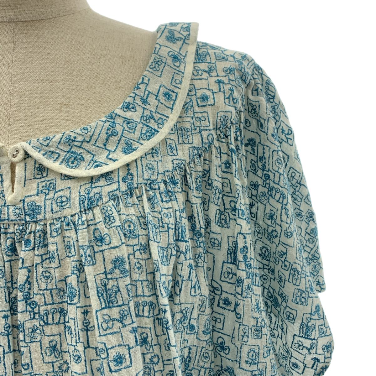 mina perhonen ミナペルホネン obscure リネン ラウンドカラー ワンピース 36 ライトブルー ホワイト レディース