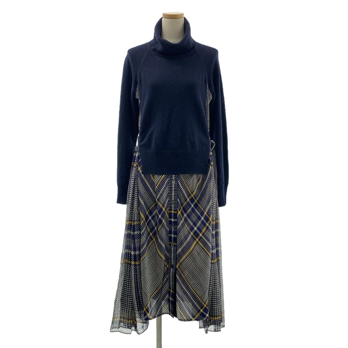 sacai サカイ ニット ドッキング プルオーバー シャツ ワンピース 1 ネイビー イエロー ホワイト レディース