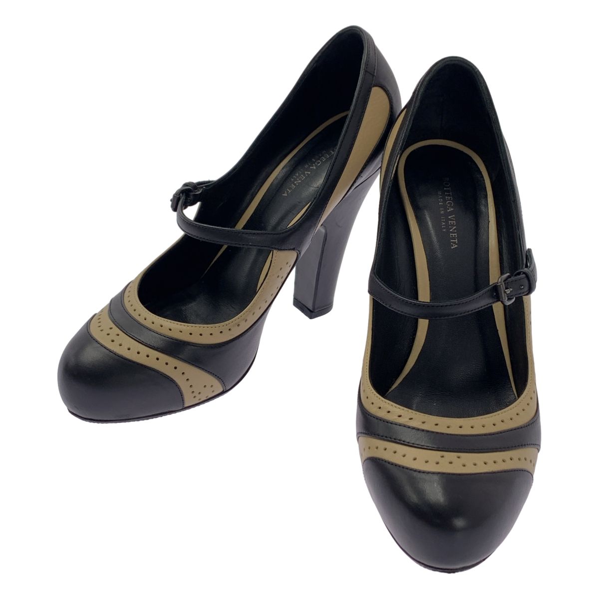 BOTTEGA VENETA ボッテガヴェネタ レザー バイカラー ストラップ パンプス 36 ブラック ベージュ レディース