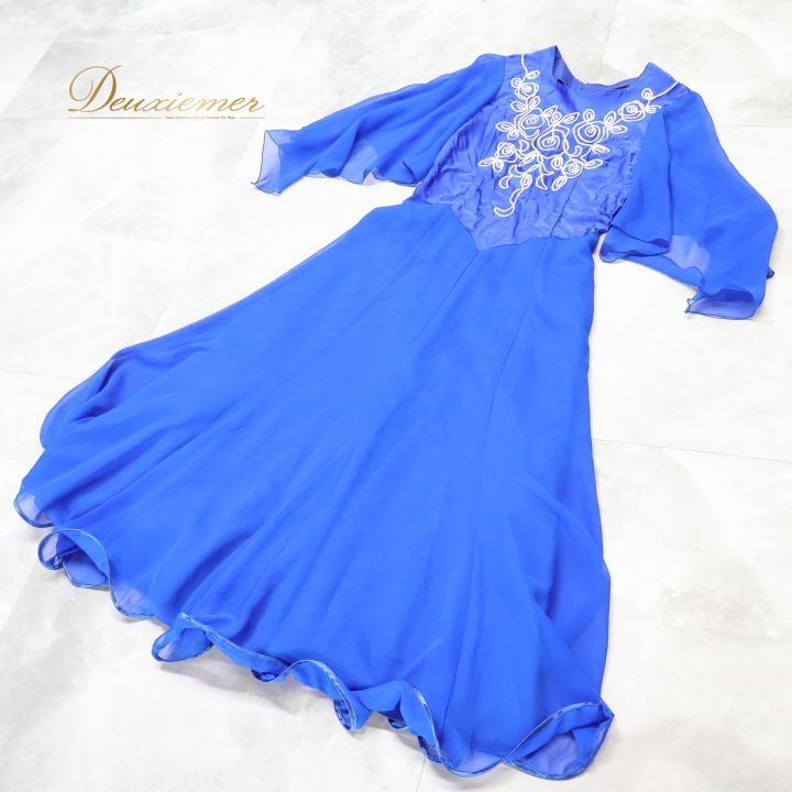 社交ダンス 衣装 ワンピース ドレス 青 レース 軽い 薄い パーティ