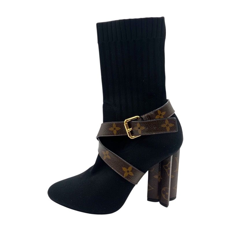 美品　ルイヴィトン　ニットソックスブーツ　モノグラムロゴ　刺繍　黒 美品 ルイヴィトン ニットソックスブーツ モノグラムロゴ 刺繍 黒