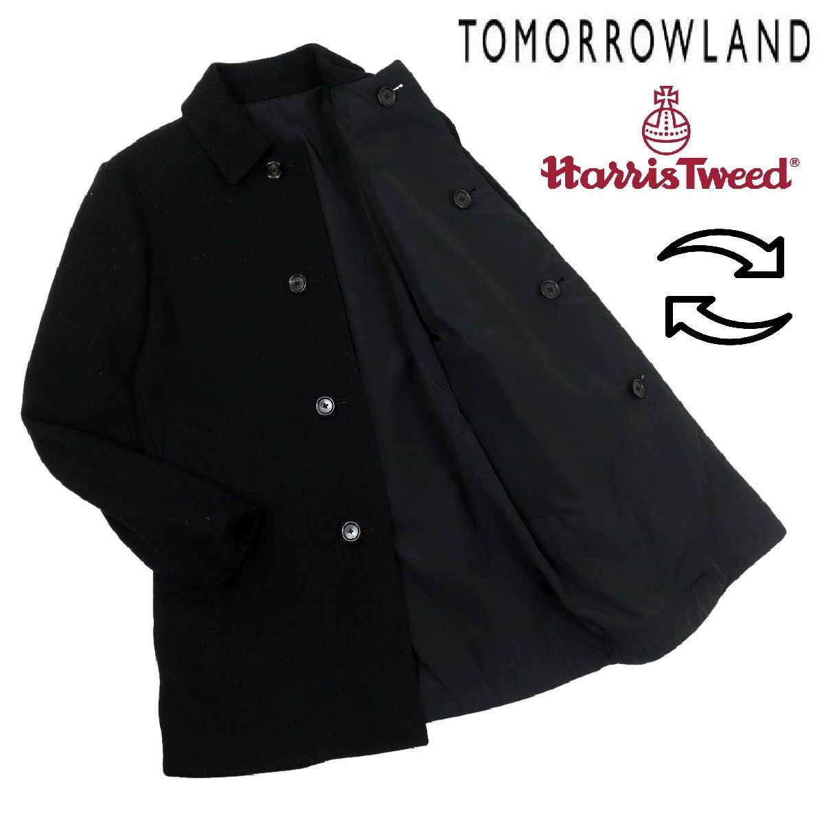 B 3616 HARRIS TWEED トゥモローランド ハリスツイード ステンカラーコート リバーシブル 別注 サイズ44