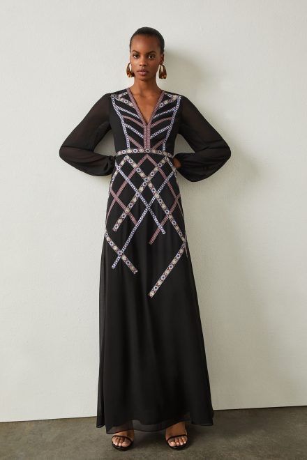 ビーシービージーマックスアズリア チロリアンテープ可愛いシフォンシアーロングワンピース 02 ドレス ブラック Vネック 長袖