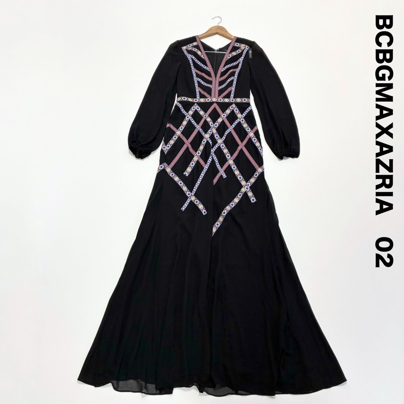 ビーシービージーマックスアズリア チロリアンテープ可愛いシフォンシアーロングワンピース 02 ドレス ブラック Vネック 長袖