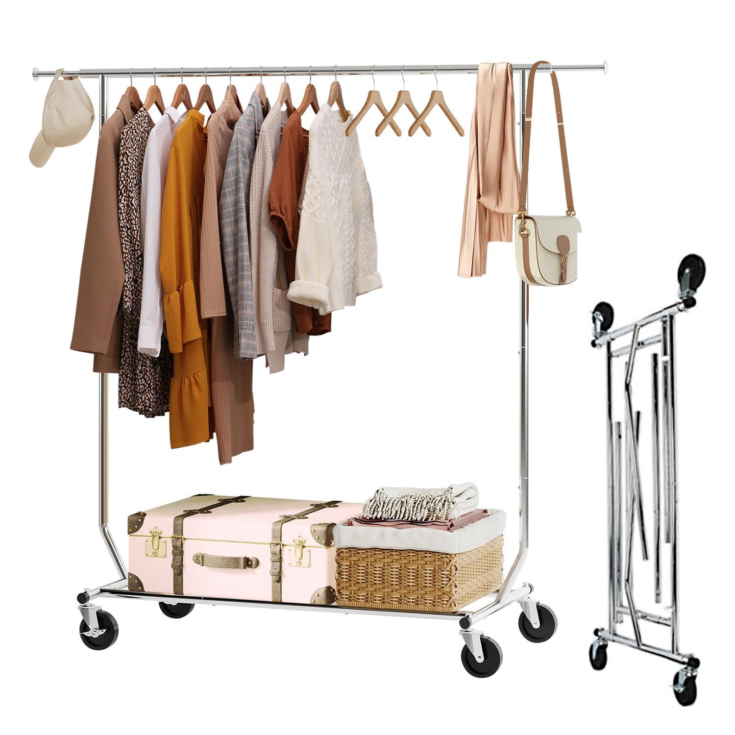 ハンガーラック 頑丈 洗濯物干し 物干しラック 伸縮物干し竿 洋服掛け 収納棚 折りたたみ式 耐荷重1500 KG 収納ラック 縦横伸縮 キャスター付き 省スペース 組立簡単