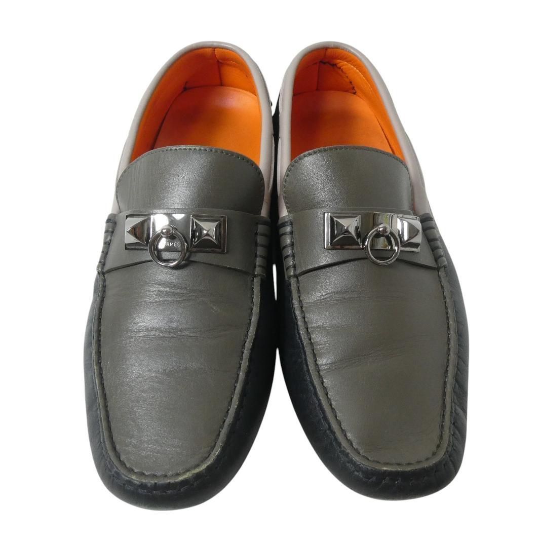 HERMES エルメス 40 5 約25 5㎝ レザー ロックスタッズ ラウンドトゥ ドライビングシューズ ローファー 革靴 デッキシューズ カーキ系 メンズ