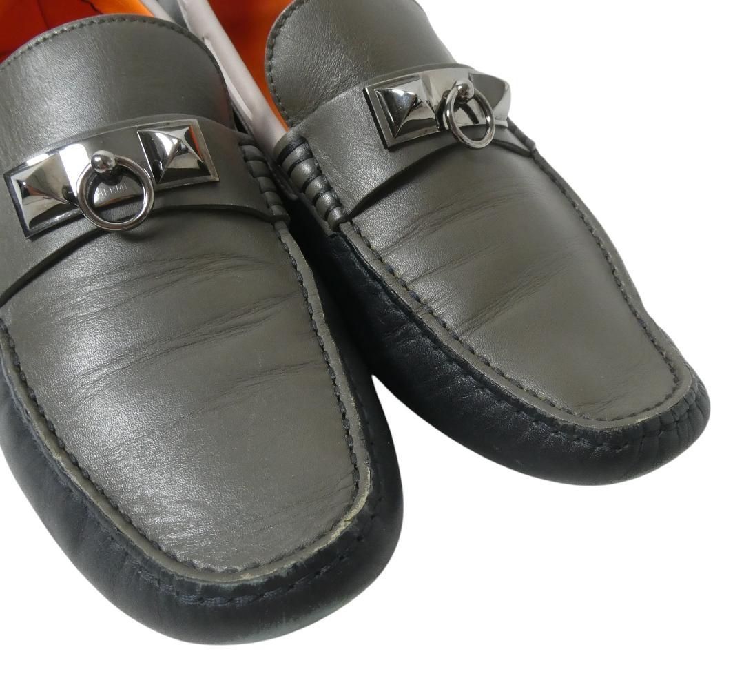  HERMES エルメス 40 5 約25 5㎝ レザー ロックスタッズ ラウンドトゥ ドライビングシューズ ローファー 革靴 デッキシューズ カーキ系 メンズ ローファー ブーツ 革靴