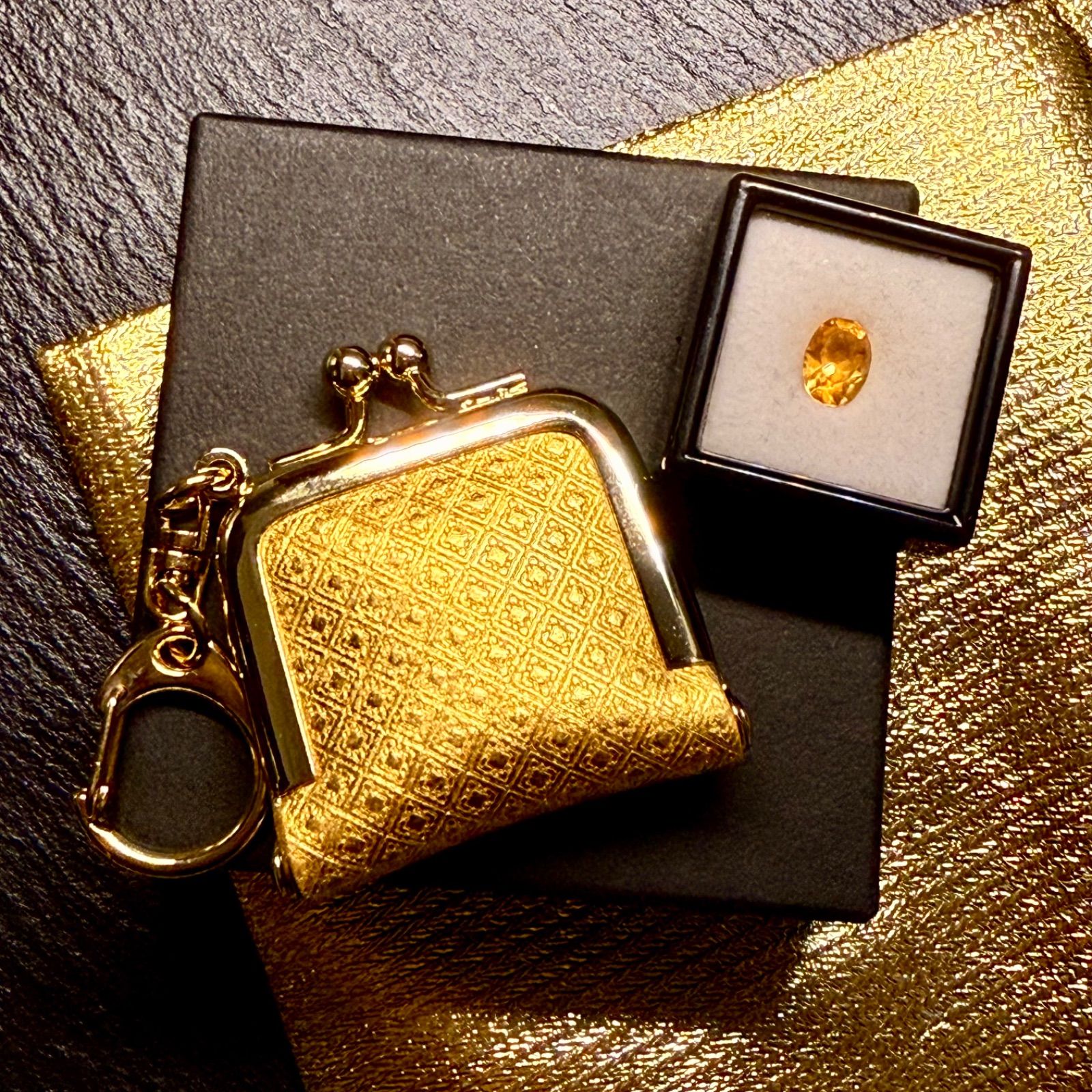  金運開花セット 龍神祝福 純金箔革財布 光波動 シトリンルース ディスプレイフォト 置物 インテリア小物