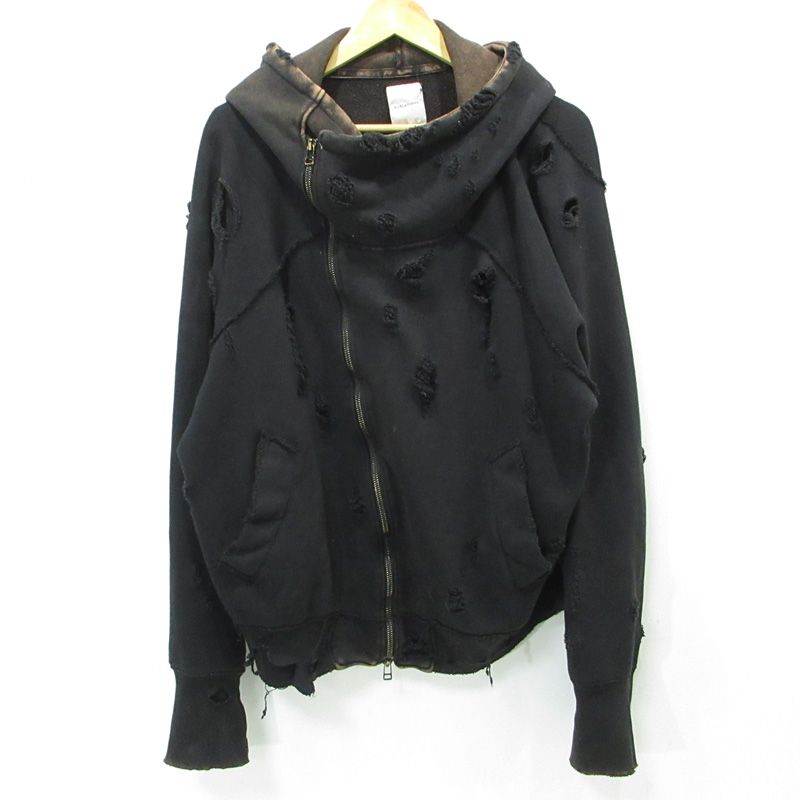 SLANT ZIP DAMAGED PARKA スラントジップダメージパーカー 加工長袖ジップパーカー ダメージ加工 S 131131 ブラック サイズ 1 104