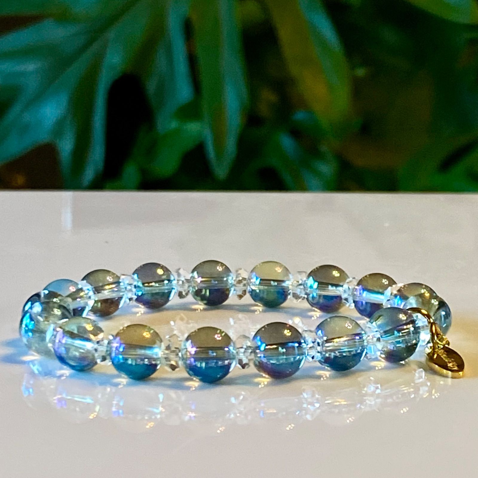 グリーンオーラクォーツ カット水晶 光波動 ブレスレット B0924-05