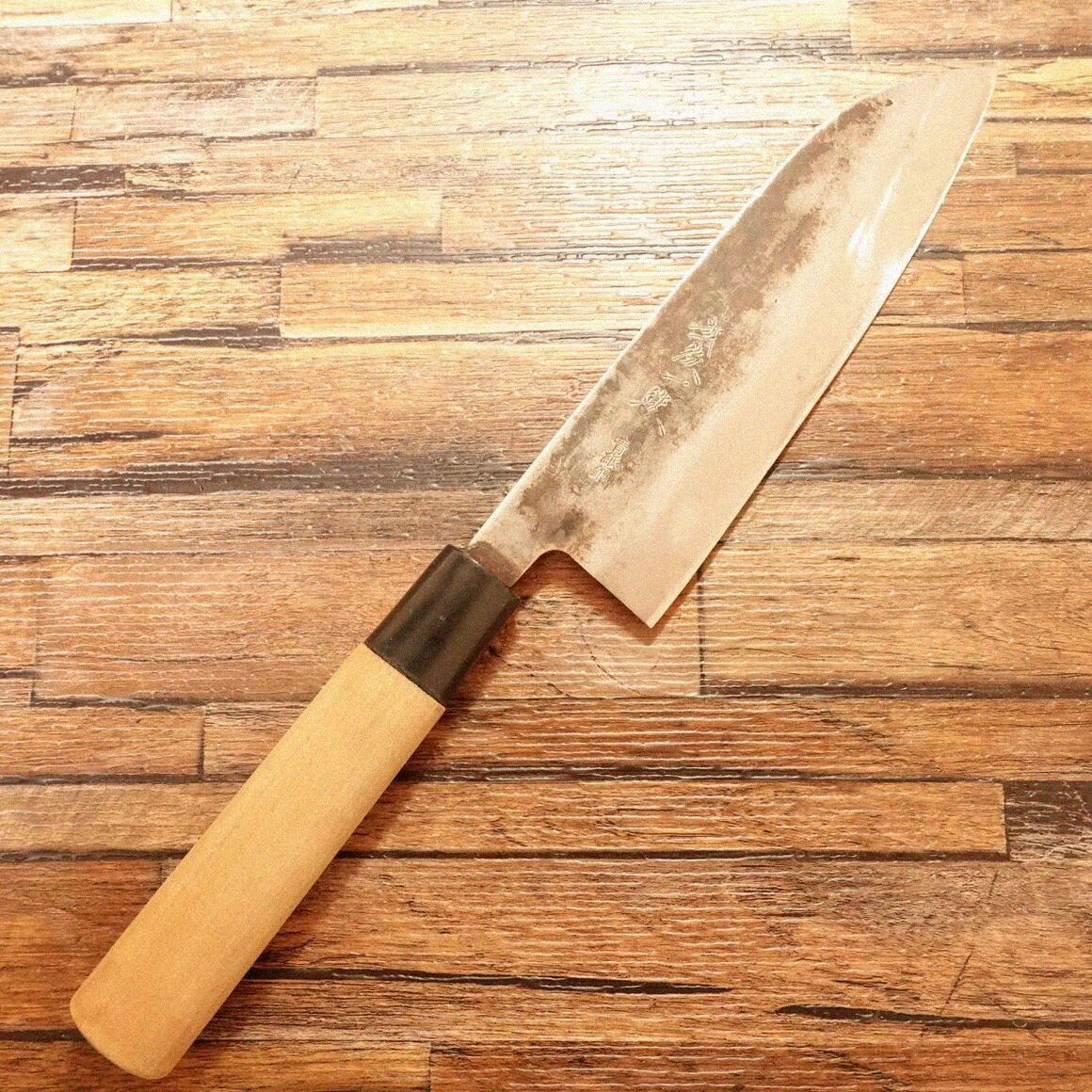 越後一鉄 三徳包丁 研ぎ済 黒打ち 万能包丁 青紙鋼 安来鋼 状態良好 170 mm