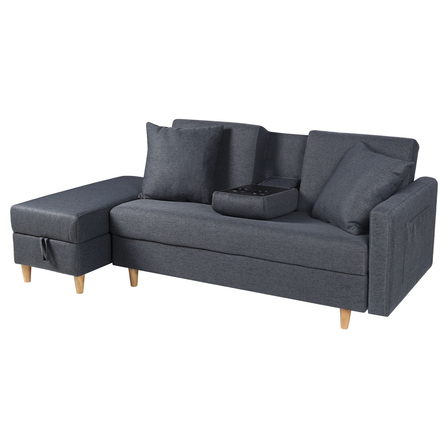 ソファ ソファーベッド カウチソファ 3人掛け オットマン付き 多機能ソファ 左右側とも取り付けるアームレスト たくさん収納 レイアウト自由 クッション ブルー グレー
