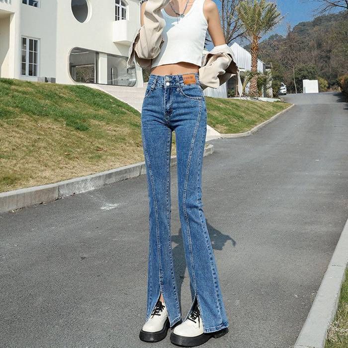 デニムパンツ レディース 大きいサイズ ♥ボトムス ジーパン フ パンツ スリット入り ストレッチデニム きれいめ スキニーデニム オールシーズン 着回し 薄手 ストレッチ 伸縮性 ポケット ハイウエスト yishang 04