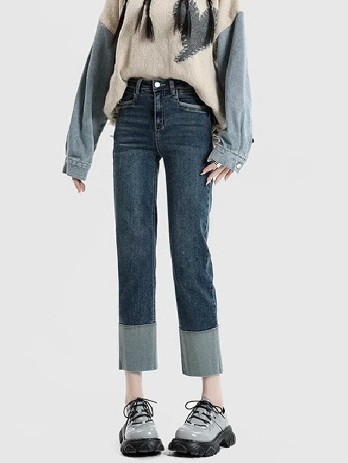 デニムパンツ 即 OK レディース ロールアップ ジーパン 九分丈 美脚 ストレート お洒落 ジーンズ レトロ ロールアップジーンズ ボトムス ハイウエスト ストレッチパンツ jianxi 01